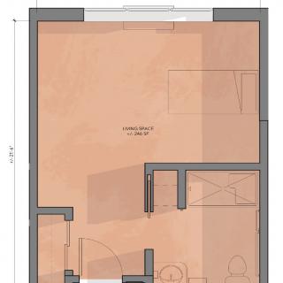 A detailed floor plan showing the layout of a room, including walls and entryways.