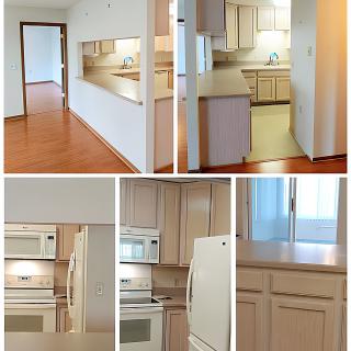 Collage of an apartment interior showcasing a compact kitchen with light cabinetry and hardwood flooring.