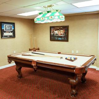 A cozy game room featuring a classic pool table with wall decor and a vintage hanging light.