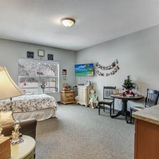 A cozy bedroom with a bed, desk, and television, featuring warm decor and ample natural light.