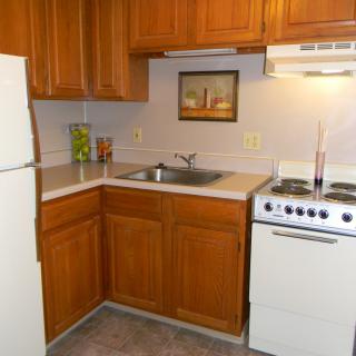 A small kitchen with wood cabinets, a refrigerator, stove, and sink.