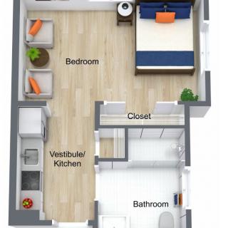 A 3D floor plan of a one-bedroom apartment featuring a kitchen, closet, and bathroom.