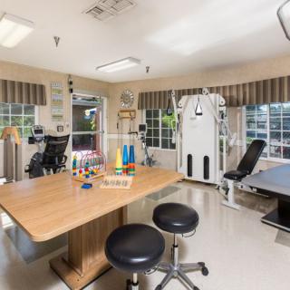 A well-equipped physical therapy room with various exercise machines and therapy tables.