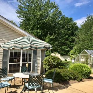 A sunny backyard patio with outdoor furniture and a greenhouse surrounded by lush greenery.