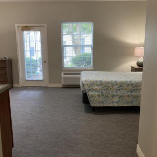 A minimalist bedroom with a bed, lamp, and large windows.