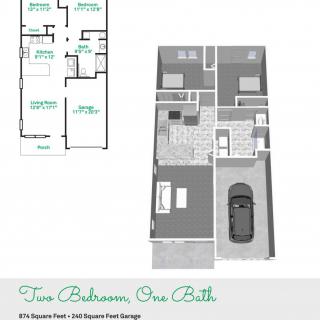 A floor plan and 3D model of a two-bedroom, one-bathroom apartment.
