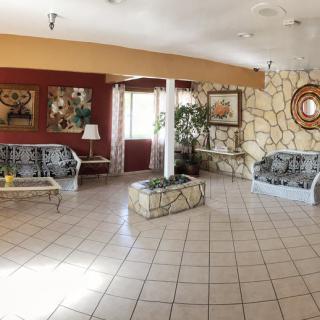 A cozy lobby area with sofas, artwork on the walls, and potted plants.