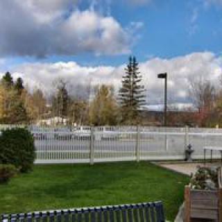 A serene park scene with a fenced area, lush green grass, and a cloudy sky.