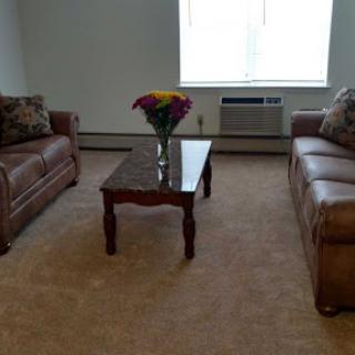 A cozy living room featuring two leather sofas, a coffee table, and a bouquet of flowers.