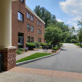 A welcoming view of a hotel building surrounded by greenery and a well-maintained pathway.