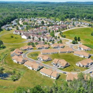 Aerial view of a peaceful suburban neighborhood surrounded by lush greenery.