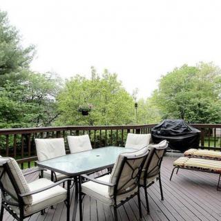 A cozy patio with a dining set and grill surrounded by lush greenery.