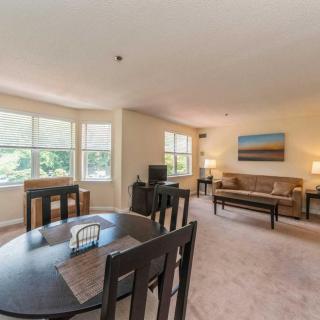 A spacious living and dining area with large windows, comfortable seating, and tasteful artwork.