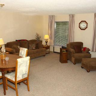 A cozy living room with a sofa, armchair, dining table, and decorative items.