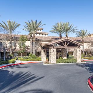 A sunny day view of a building entrance with palm trees and well-maintained landscaping.