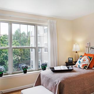 A cozy bedroom with a large window letting in natural light, decorated with plants and colorful pillows.