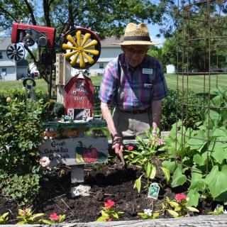 A person tending to a garden with various plants and decorative items.