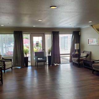 A modern living room with wooden flooring, large windows with curtains, and comfortable chairs.