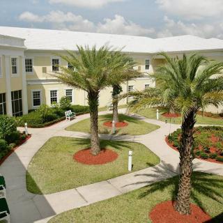 A well-maintained courtyard with palm trees and pathways surrounded by a building.