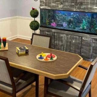 A cozy dining room with a wooden table, chairs, and an aquarium in the background.
