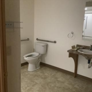 An accessible bathroom with a toilet, sink, mirror, and handrails.