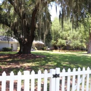 A peaceful yard with a white picket fence and a large tree on a sunny day.