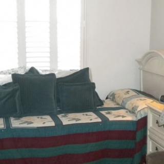 A cozy bedroom with a daybed, adorned with green pillows and a striped blanket next to a window.