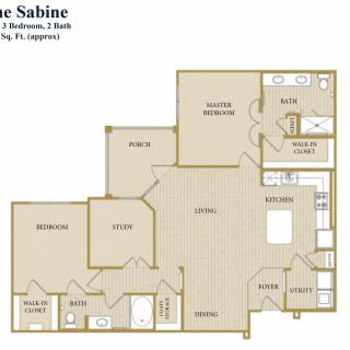 Floor plan of a two-bedroom, one-bathroom apartment layout.