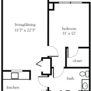 A floor plan of a one-bedroom apartment showing the kitchen, living/dining area, bathroom, and closet.