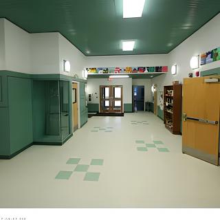 An empty school hallway with green accents and decorated doors.