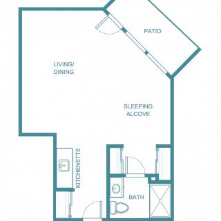 Studio apartment floor plan with a patio and sleeping alcove.