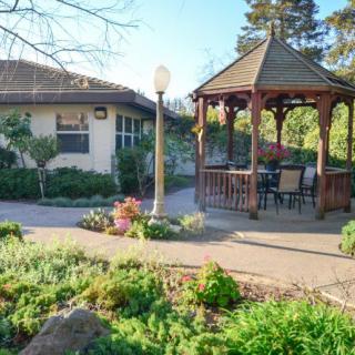 A charming garden with a gazebo and pathway beside a building in the sunlight.