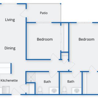 A floor plan of an apartment featuring two bedrooms, a living room, dining area, kitchenette, two bathrooms, and a patio.