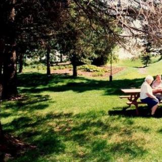 Two people sitting at a picnic table in a sunny park.