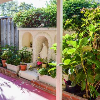 A sunny garden area with various potted plants and a small shrine.