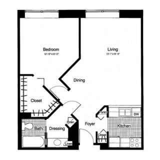 A floor plan of a one-bedroom apartment featuring a living room, dining area, kitchen, bathroom, and closet.