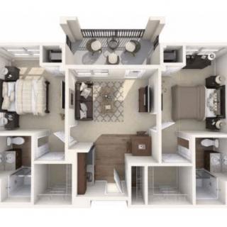 A detailed floor plan of an apartment featuring two bedrooms, a living room, kitchen, and bathrooms.