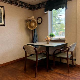 A cozy dining area featuring a table with two chairs, a decorative plant, and a hat rack beside the window.