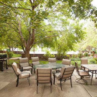 A peaceful outdoor patio with comfortable seating surrounded by lush greenery.