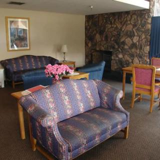 A cozy living room with sofas, a dining table, and decorative elements.