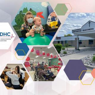 A collage showcasing a healthcare facility: pediatric care with therapy sessions and the clinic's exterior.