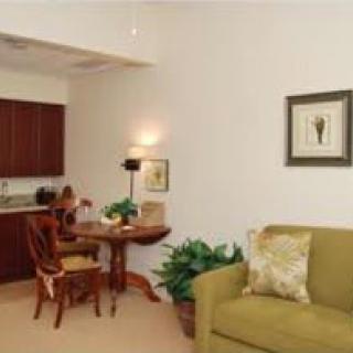 A cozy living space with a green sofa, dining table, and kitchen area.