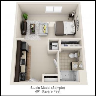 A 3D floor plan of a 461 square foot studio apartment, showcasing the layout with furniture and separate spaces for sleeping, living, and cooking.
