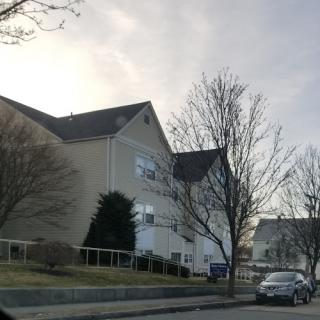 A residential building on a quiet street with trees and a parked car.