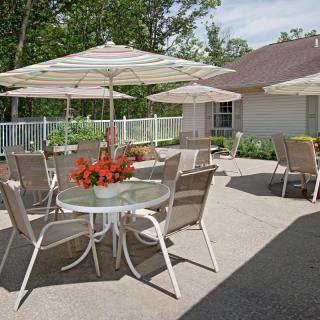 A sunny outdoor patio with tables, chairs, and umbrellas, surrounded by greenery.