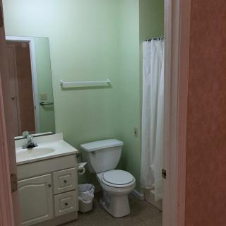 A small bathroom with a toilet, sink, and shower.