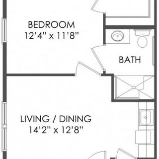 A simple floor plan showing an apartment layout with a bedroom, bathroom, and combined living/dining area.