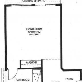A floor plan of a studio apartment featuring a combined living and sleeping area, bathroom, balcony or patio, and entryway.