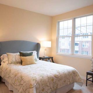 A cozy bedroom with a neatly made bed, bedside lamp, and large window allowing natural light.