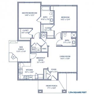 A detailed floor plan of a two-bedroom apartment featuring a kitchen, living room, and bathrooms.
